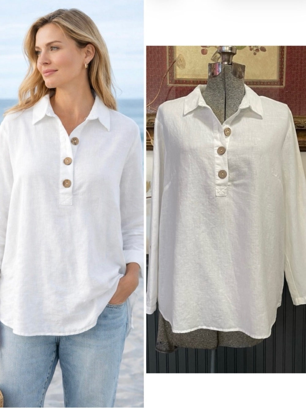 Ellen Tracy White Linen Blend Oversized Wood Button Roll Tab Blouse Size L 💚🎀
